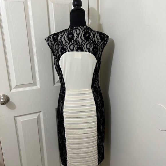 Cache NWT Vintage Black Lace and Cream Ruffled Pencil Midi Dress Size 10 - Picture 3 of 9